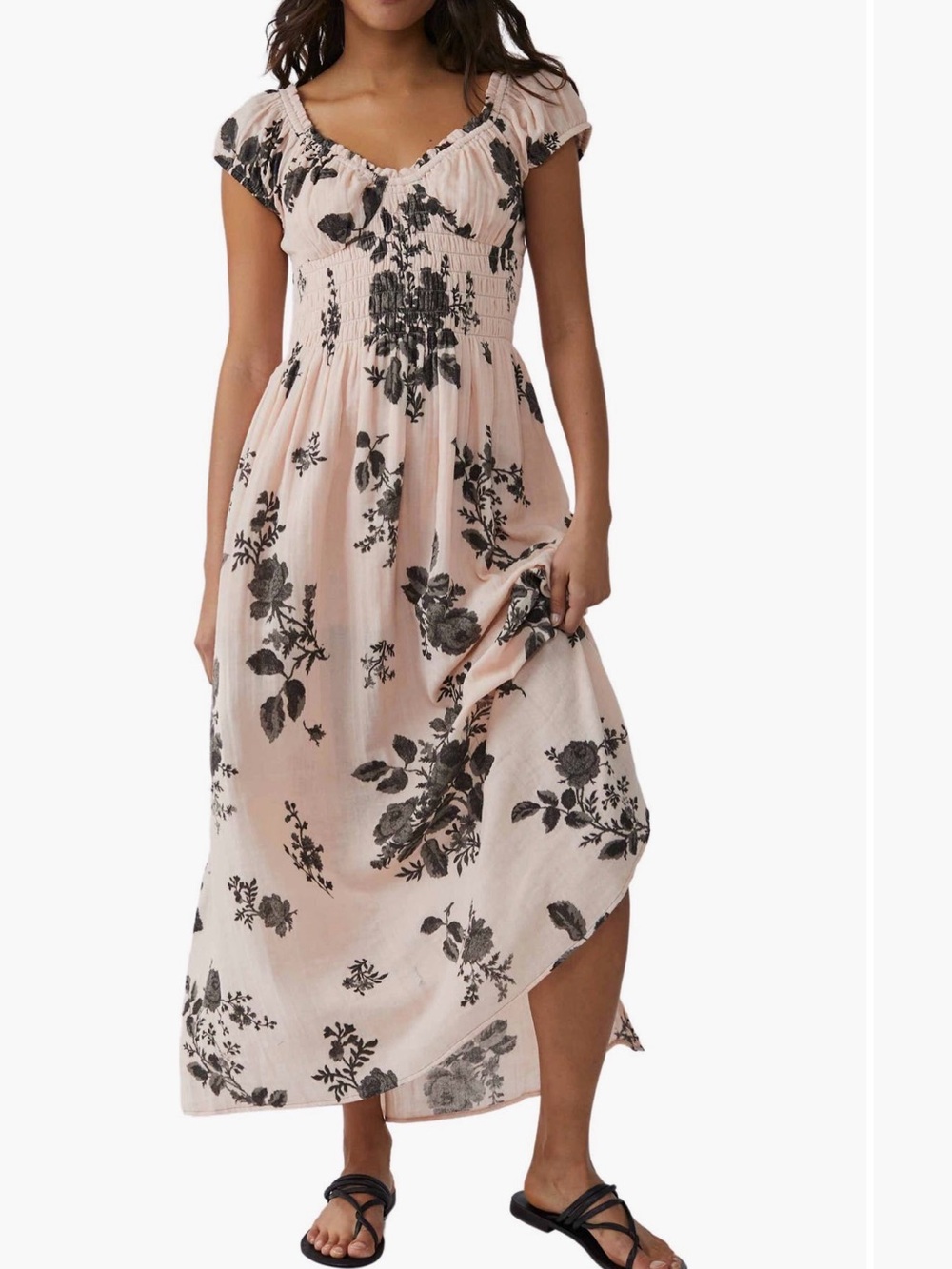 Free People Blush Pink Maxi Dress with Black Floral Print